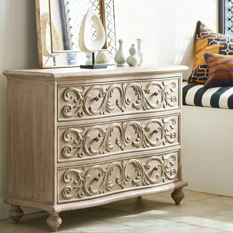 

Solid wood carved three bucket drawer storage living room wall