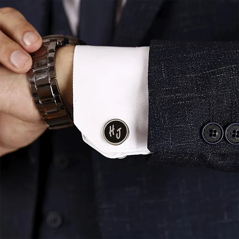 Customized Letter Name Personalized Fashion Jewelry Cufflinks Men's Women's Shirt Button Stainless Steel Round Black Cufflinks