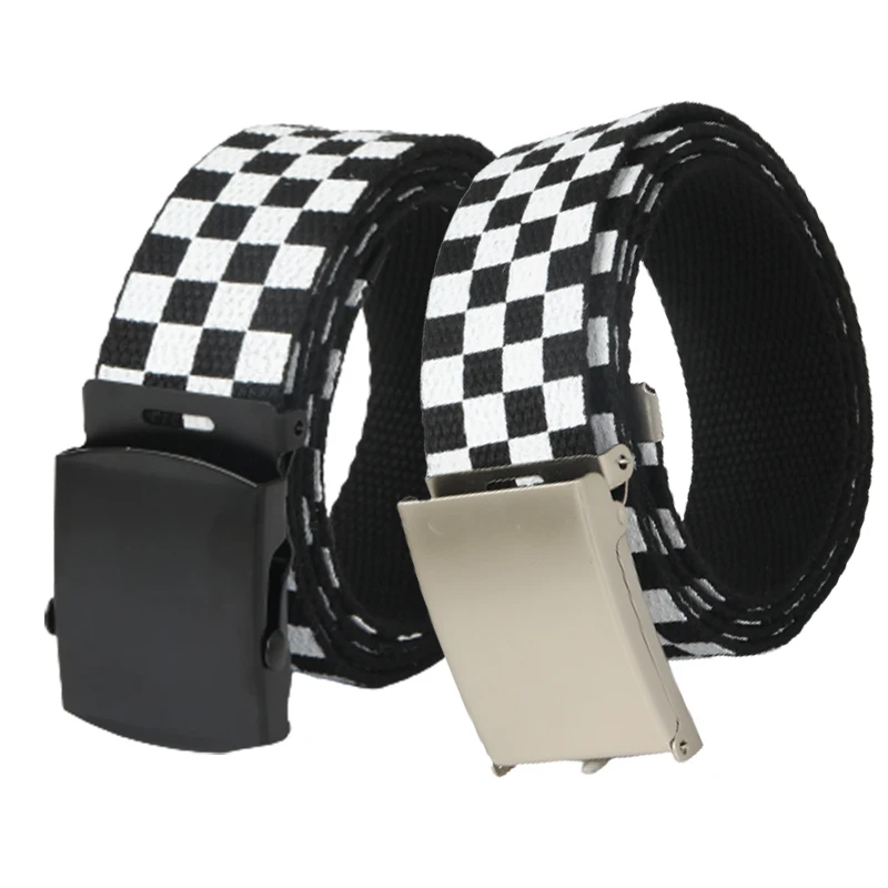 Nylon belt canvas belt nylon canvas belt canvas belts mens belt waist belt toothless automatic buckle belt 3.8cm Fashion Canvas Men's Belt Alloy Automatic Buckle Black and White Plaid Nylon Belt Youth Trend Waistband