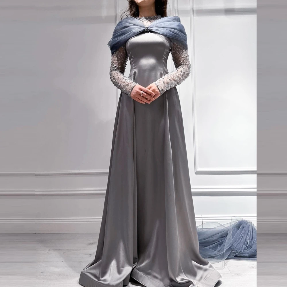 

Carolina High Neck Sequined Evening Dresses Women Saudi Arabia Long Sleeves Vintage Wedding Guest Elegant Formal Party Gowns