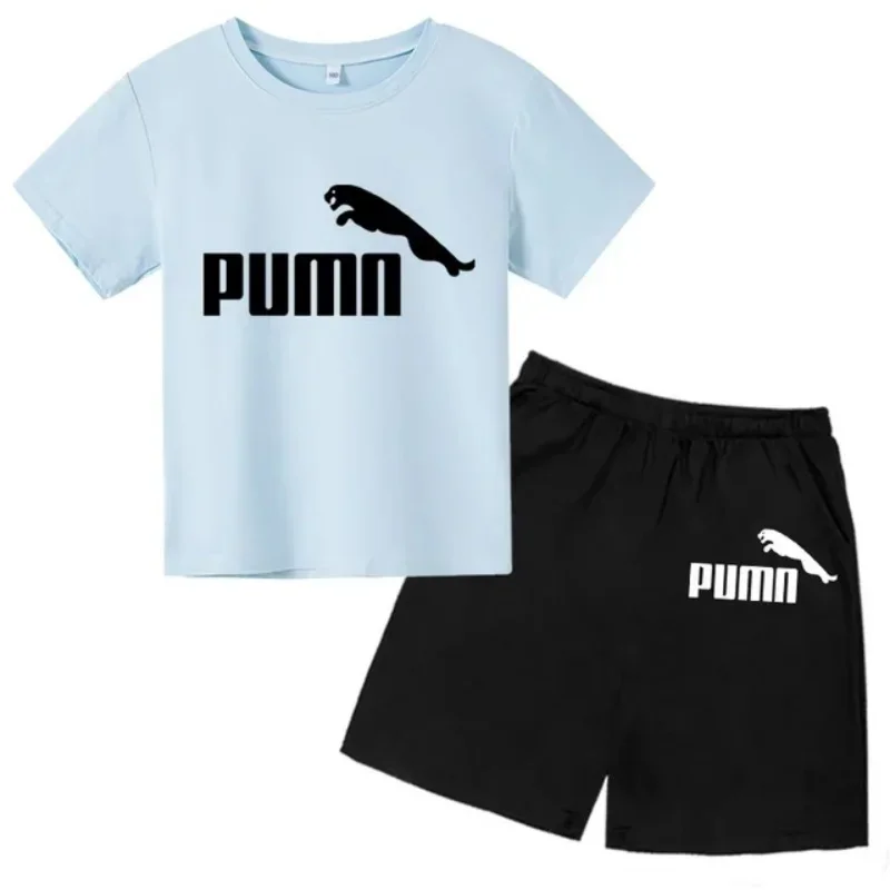 thumbnail image 1 of Conjunto de dos piezas de camiseta y pantalón corto de algodón con estampado informal de moda de verano para niños y niñas de 2 a 12 años, 1 of 5