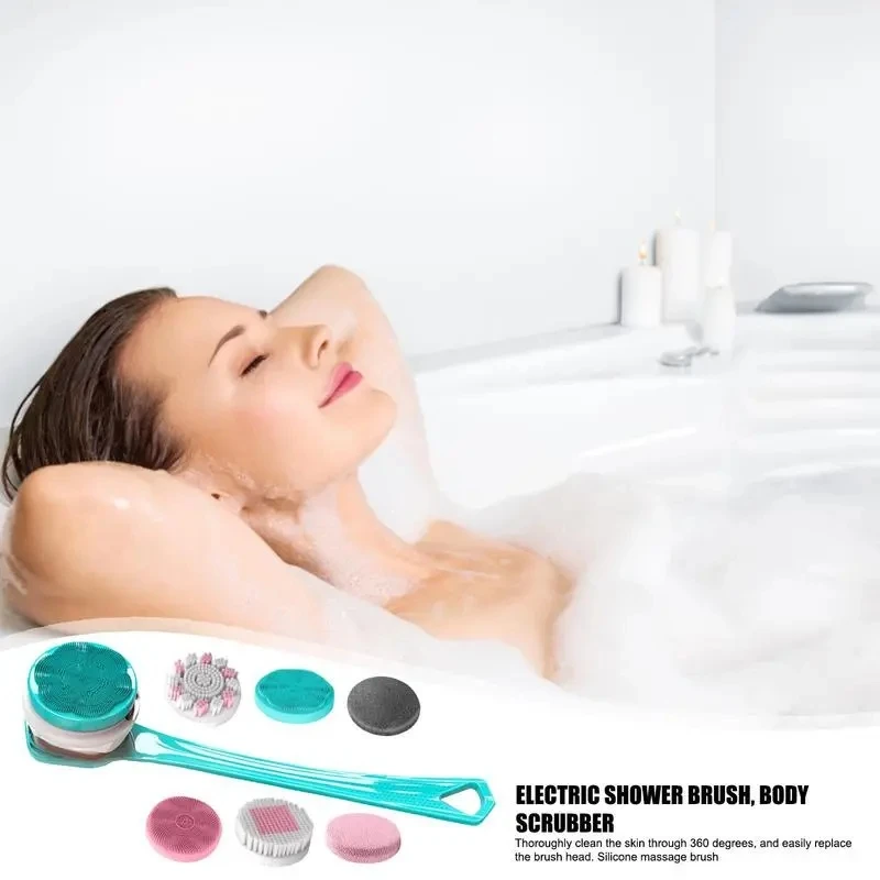 6 In 1 Electric Bath Brush Silicone Back Scrubber Body Bath Shower Cleaning Brushes Long Handle Rechargeable Shower Brush