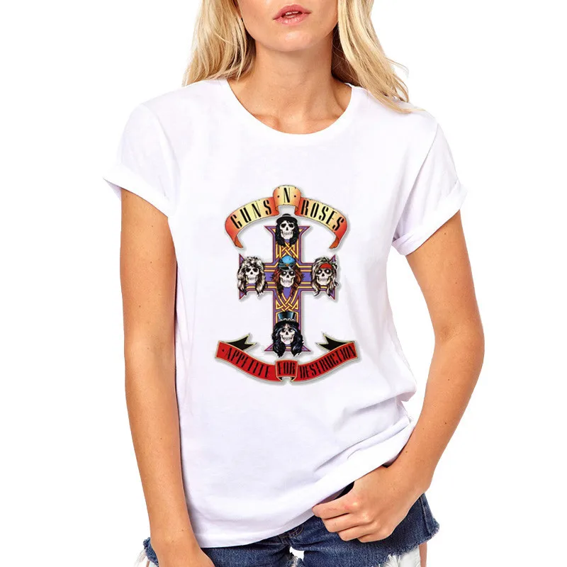 

Women T-shirt 2023 Guns N Roses Rock Roll T Shirts Vintage Tshirts GNR White Cartoon Tshirt Hip Hop Femme Top Tees