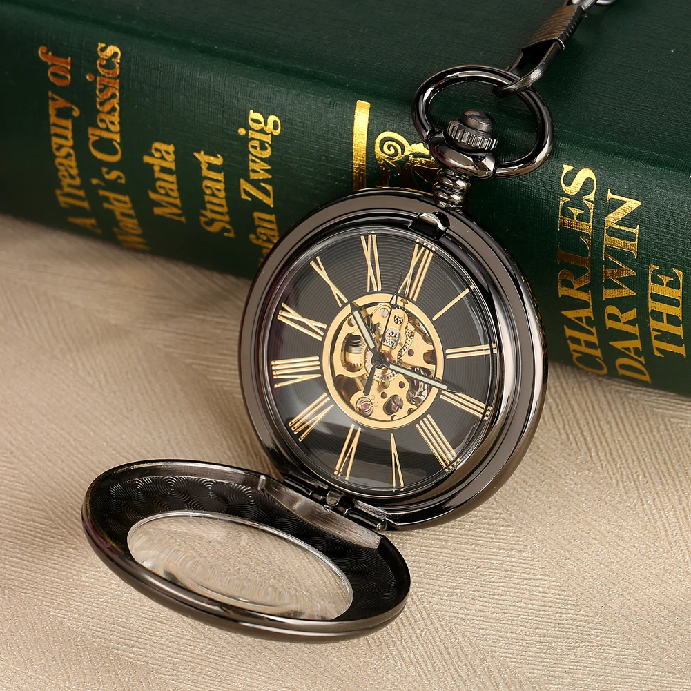 Vintage Black Pattern Glass Case & Golden Roman Number Skeleton Mechanical Pendant Fob Pocket Watch With Chain Christmas Gift