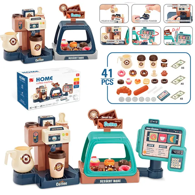 New Children's Play House Toy Simulation Water Coffee Machine Candy Donut Supermarket Shopping Cash Register Toy Kid Toy Set 1