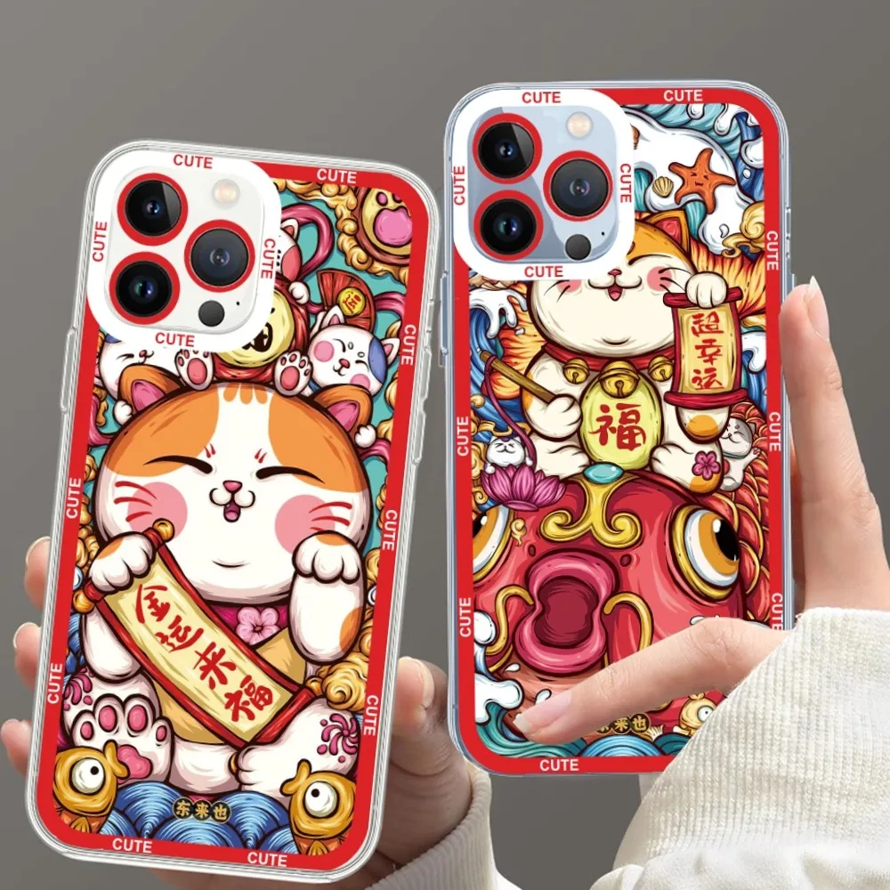 Japoński Czerwony Kot Szczęśliwego Nowego Roku Pieniądze Etui Na Telefon Samsung S20 S21 S22 S23 Ultra Plus S10 Przezroczysta Powłoka Graniczna