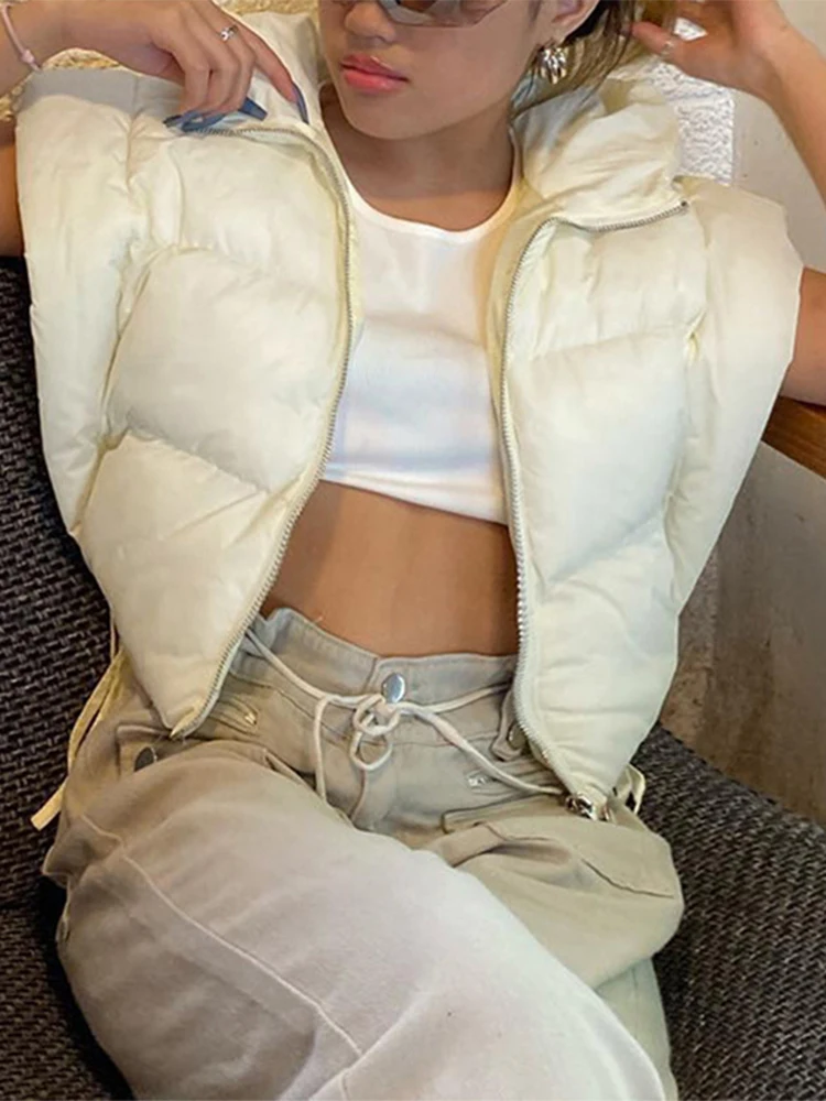 

SEASONS Warm Down Jacket Vest Streetwear Zip Up Hooded Cotton-padded Crop Tank Top Women White Sleeveless Coat Fashion ASCO85768