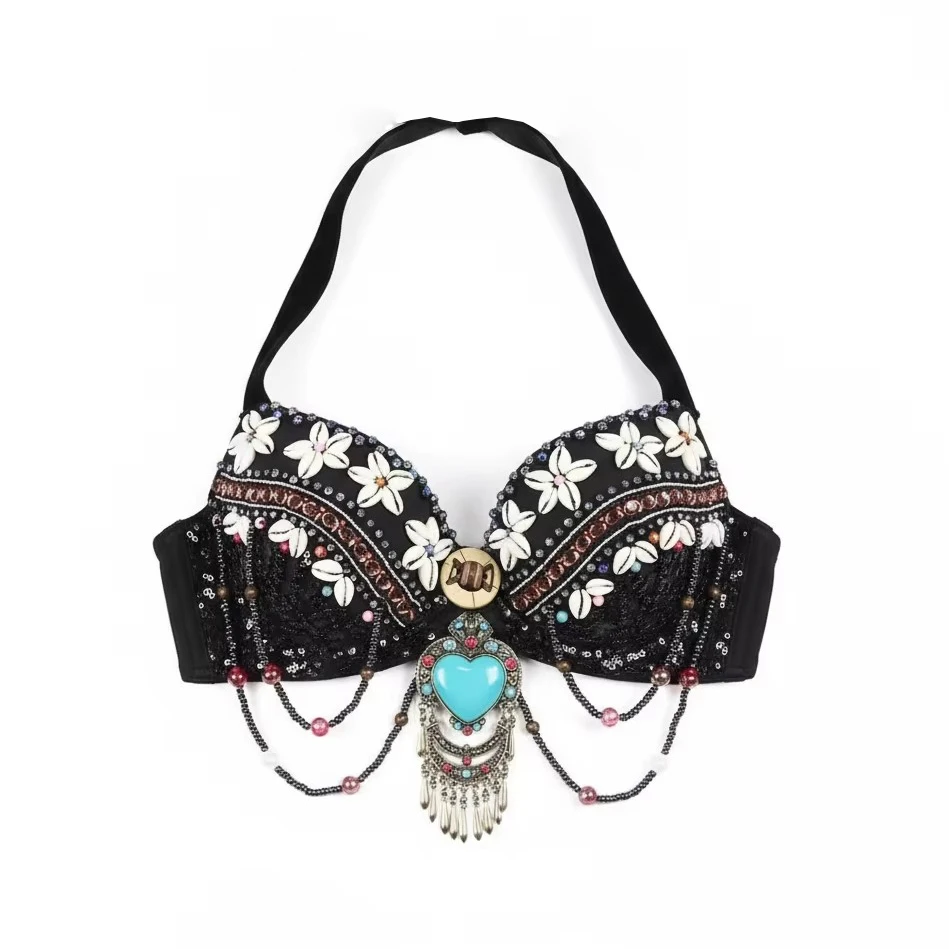 빈티지 집시 브래지어 부족 밸리 댄스 푸시 업 브래지어 나무 구슬 탑 장식 및 청록색 메달