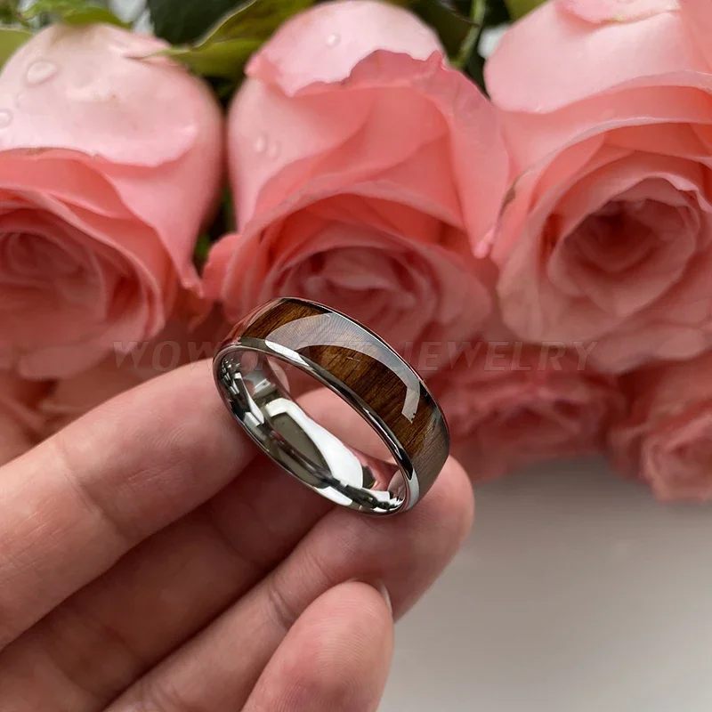 Nature Wood Inlay Tungsten Carbide Ring for Men Wedding Band Polished Shiny Comfort Fit