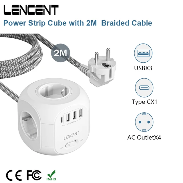 Bloc multiprise LENCENT avec 4 prises ca, 3 ports USB, 1 Type C