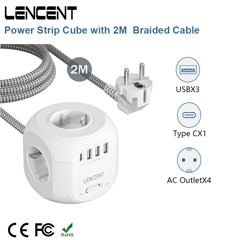 Bloc multiprise LENCENT avec 4 prises ca, 3 ports USB, 1 Type C, 2M, câble  tressé, adaptateur multiprise avec interrupteur pour la maison - AliExpress