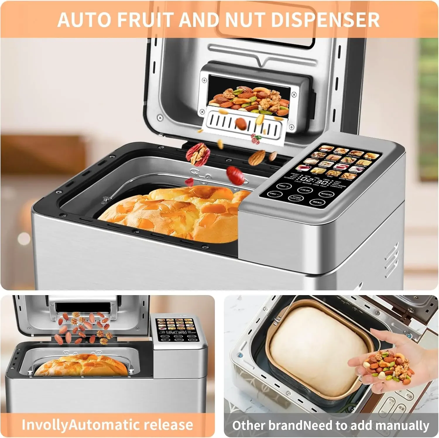 16 in 1 Bread Machine, 2.2LB Stainless Steel Bread Maker with Fruit and Nut Dispenser, Nonstick Ceramic Pan, 3 Crust Colors, 3 L 6