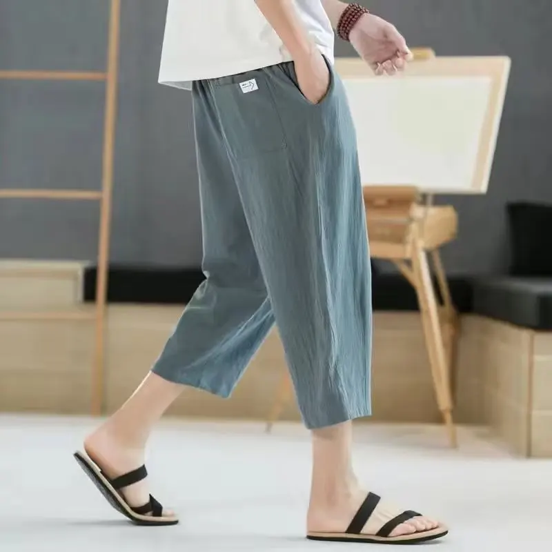 Summer Solid Color Elastic Waist Cropped Pants Men Thin Style Flax Casual All-match Loose Large Size Straight Cylinder Shorts