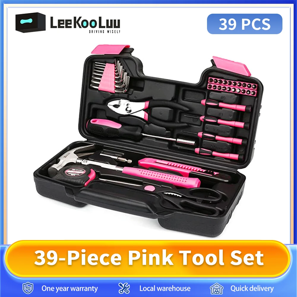 Leekooluu 39Pcs Household Repair Tool Kit Multipurpose Pink Home Hand Tool Set with Plastic Toolbox Storage Case