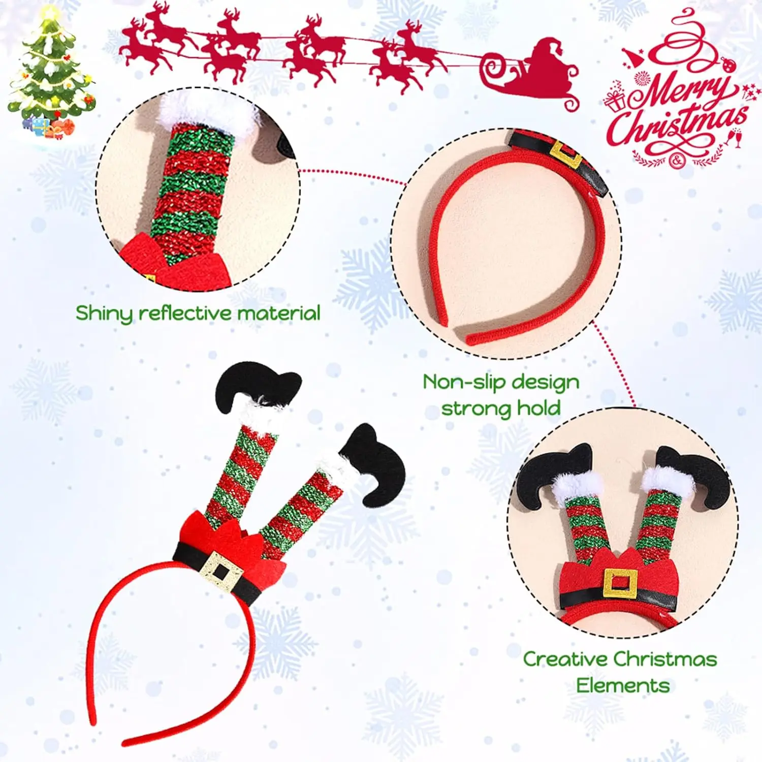 1PC Christmas Elf Leg Headband Glittery Red Green Striped, Festive Holiday Party Hair Accessory For Women & Kids