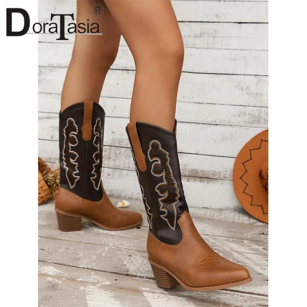 Brand New Ladies Mixed Colors Western Cowboy Boots Fashion Embroider Chunky Heels women's Boots Autumn Winter Woman Shoes
