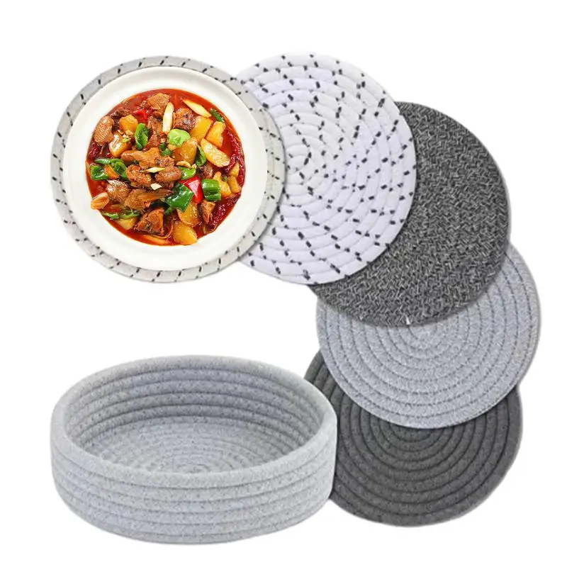 

5pcs Handmade Woven Coasters Drink Coasters And Placemats Cotton Rope Water Absorption Round Drink Mats Kitchen Tableware carpet