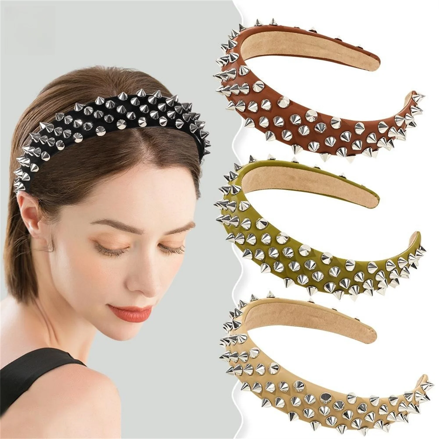 

Fashion Rivet Hair Hoop High Cranial Cortex Headband Punk Widening Headband For Women Girl Retro Face Washing Hair Accessories