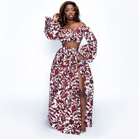 Elegant Women Two Piece Set Dress Sexy Slash-neck Sleeveless Blouse Top +High Slit Skirt Vintage Africa National Print Lady Suit 4
