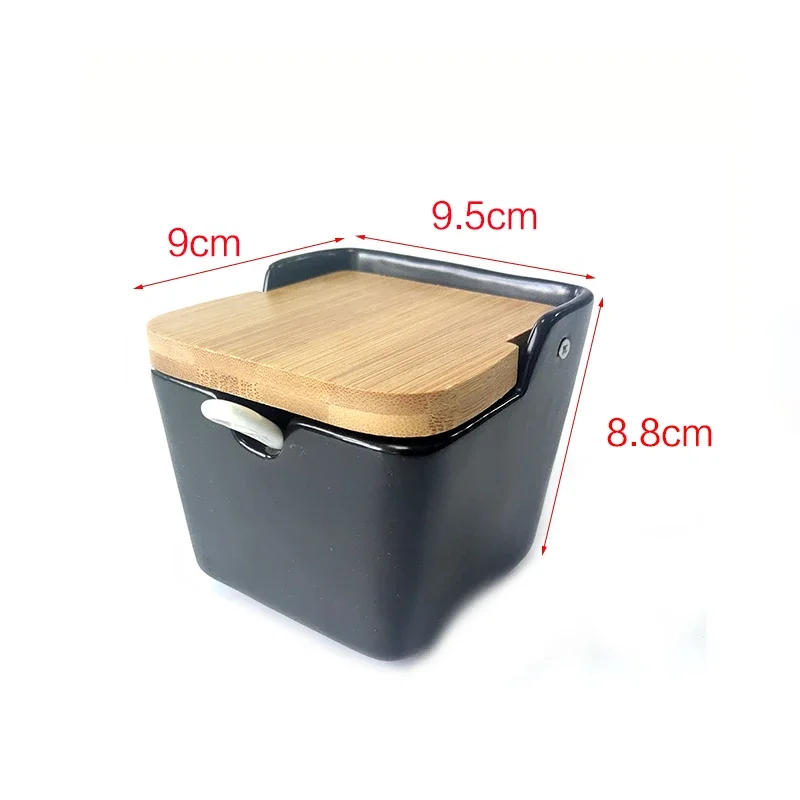 Set of Ceramic Seasoning Rack Spice Pots Bowls With Spoon & Porcelain Box and Bamboo Cover-Storage Container Condiment Jars