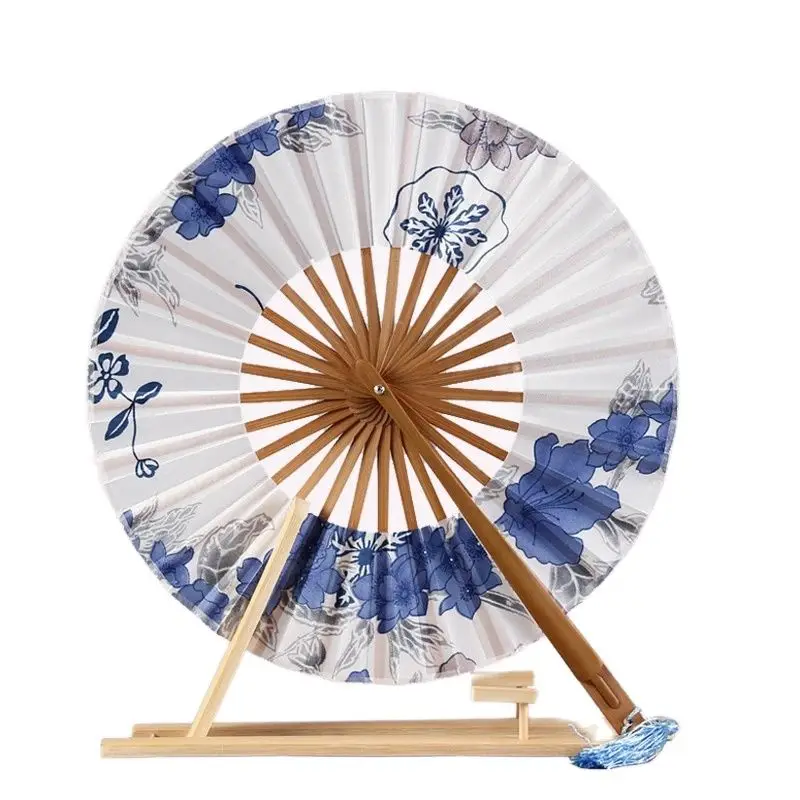 Japanese Style Sakura Flower Printed Fan Folding Hand Fan Round Circle Wedding Party Decor Gift Bamboo Windmill Home Decor