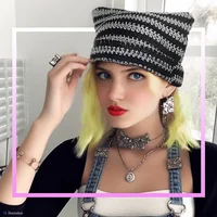 Corchet Cute Cat Ears Beanie Hat for Women Winter Striped Korean Fashion Y2K HipHop Cosplay Knitted Streetwear Men Skullies 4