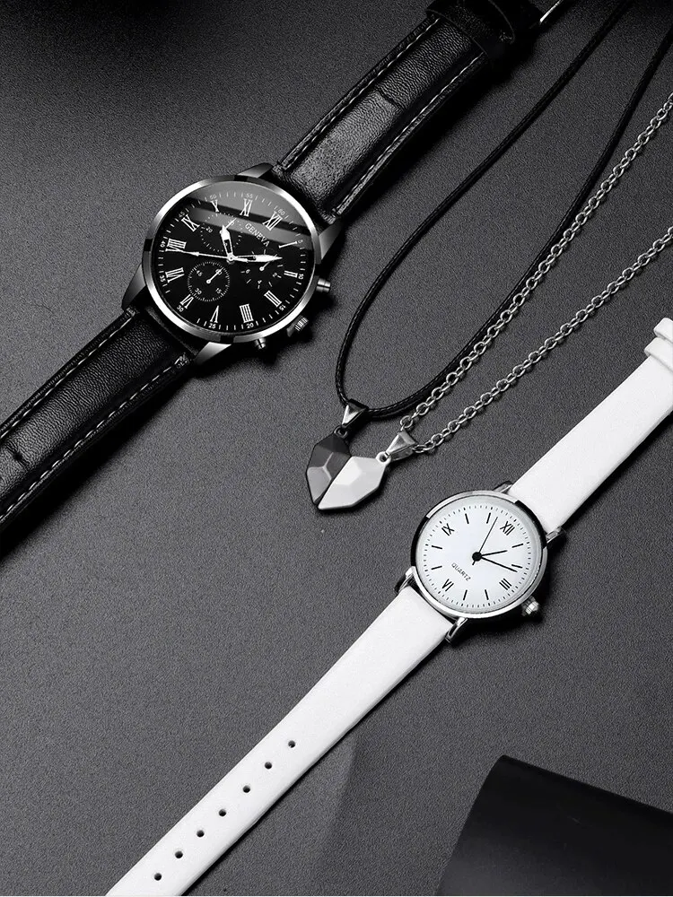 Men and Women's Couple Quartz watch Paired with Love Pendant Necklace 4pcs