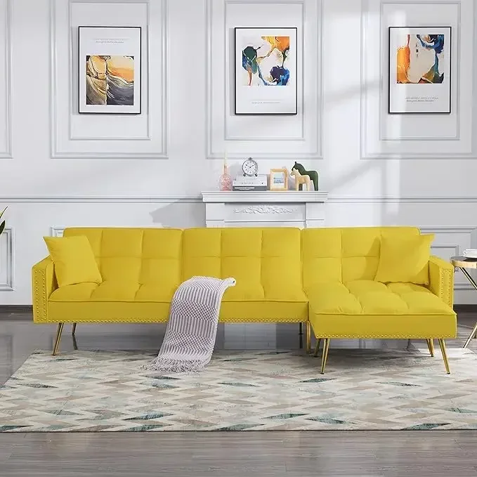 ספה ופינת ספה ממונעת בצורת L עם רצועת הפוך, כריות,