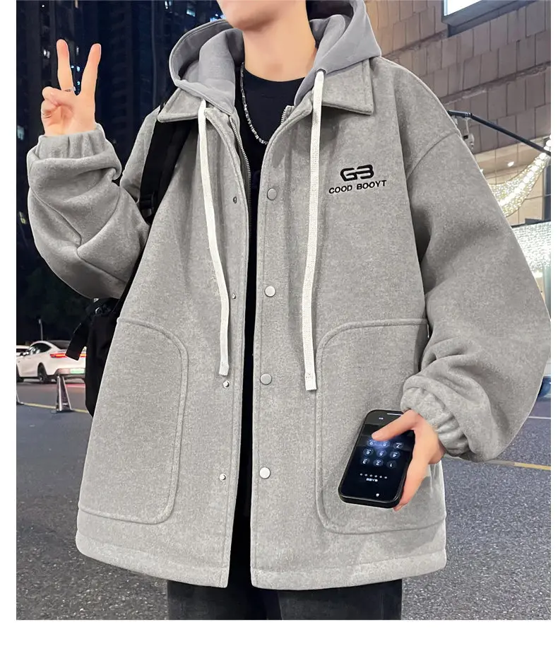 Lässige Herren-Fleece-Futtermäntel mit Kapuze, 20225, Winter, Jugend, Streetwear, lockere Plüsch-warme Jacke, winddicht, samtgepolstertes Oberteil – Detail 16