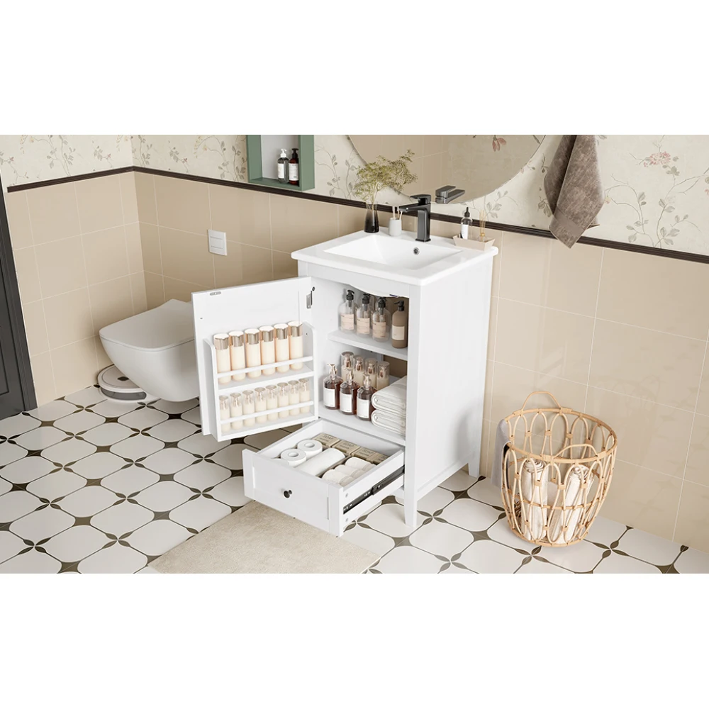 51 x 46 x 85 cm Stand-Badezimmerschrank mit Waschbecken, geräuschlose Schublade mit großem Fassungsvermögen, verstellbarem Regal, Keramikwaschbecken – Detail 22