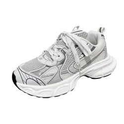 Men Leather+Mesh Breathable Walking Sneakers Autumn Women Lace-up High Platform Chunky Shoes Couple Wedge Heels Casual Footwear