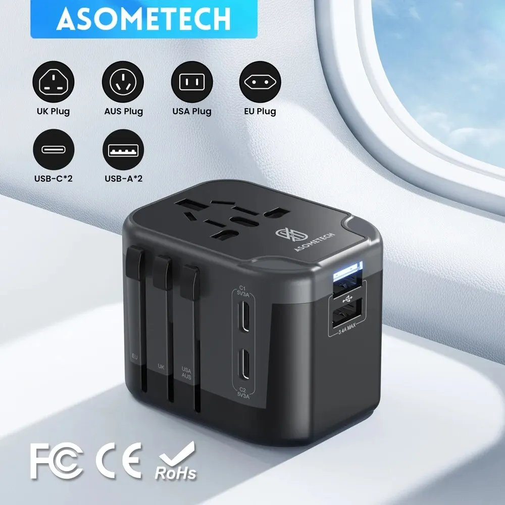 Universal Travel Adapter with Dual USB and Type-C Ports - All-in-One Charger