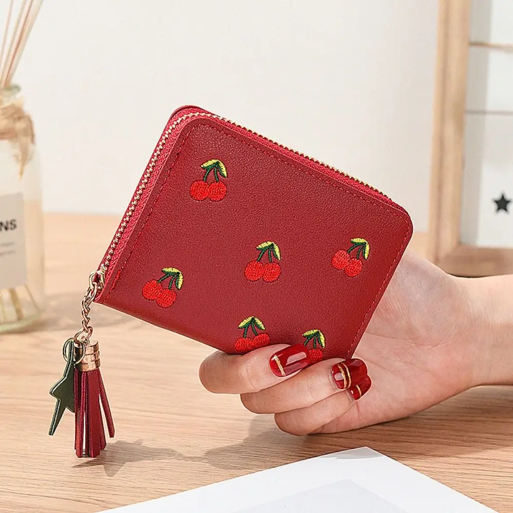 Cute Cherry Embroidery Coin Purse Women's Mini Wallet PU Leather Trend  Short Small Zipper Wallet Student Simple Fashion Wallet - AliExpress