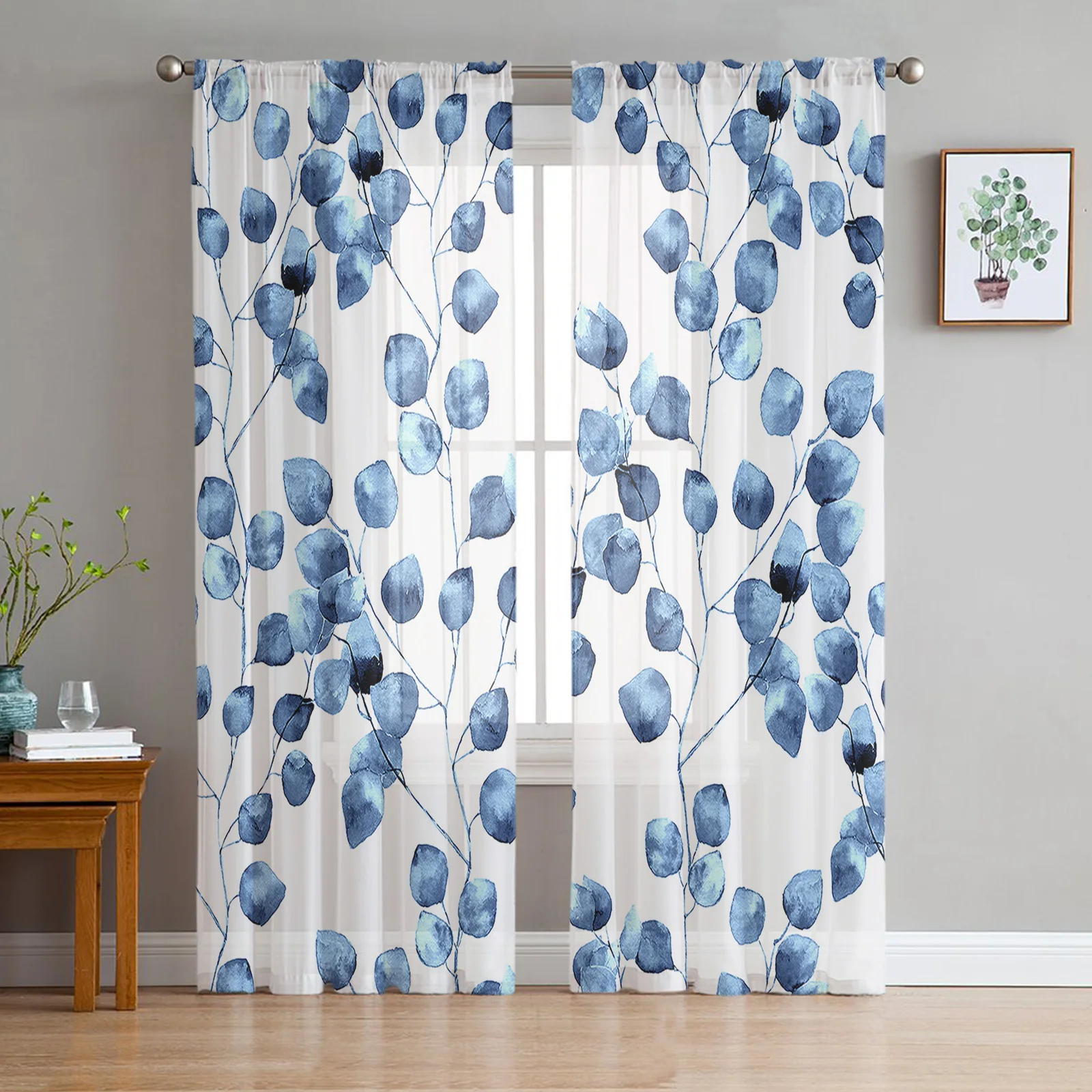 

Blue Watercolor Leaves Tulle Curtains for Living Room Sheer Curtain for Bedroom Christmas Blinds Voile Curtains