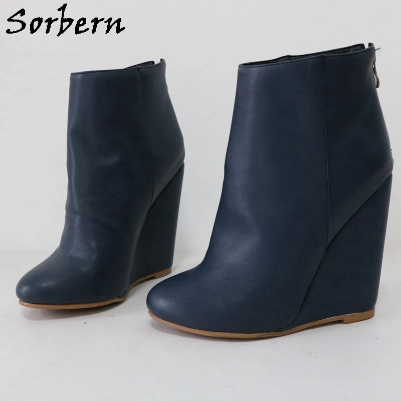 

Sorbern Navy Blue Ankle Boots Women Wedges Comfortable Back Zipper Short Booties Unisex Shoes Cute Round Toe Custom Colors