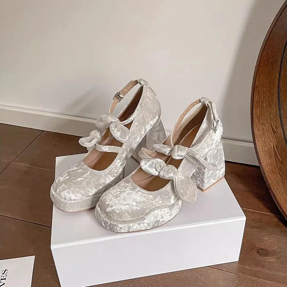 

Bow-Embellished Suede Round Toe Platform Pumps Platform Block Heel Mary Jane Wedding Shoes White Buckle Women High Heels