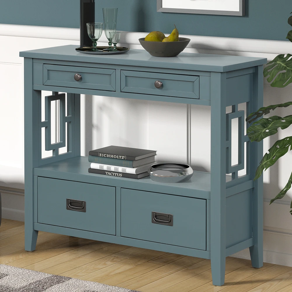 Farmhouse Pine Wood Console Table with Drawers & Storage Shelf in Blue for Entryway/Living Room/Hallway/Kitchen 3
