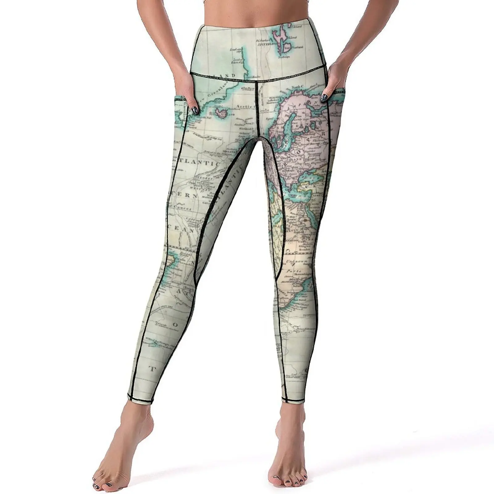 

Earth Map Leggings Vintage Map of The World Fitness Running Yoga Pants Push Up Basic Sport Pants Quick-Dry Graphic Yoga Legging