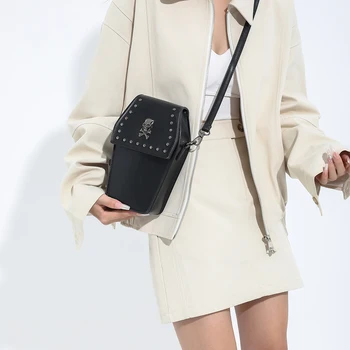 Women Gothic Crossbody Bag Cartoon Gothic Coin Purse Zipper Coffin Shape Bag Strap Adjustable PU Leather Halloween Versatile Bag