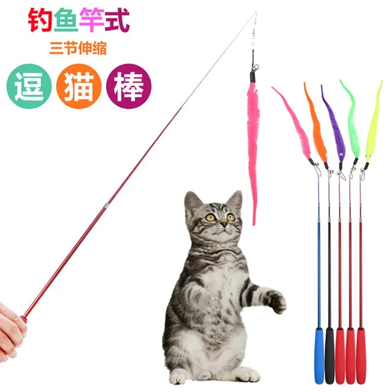 

Pet Products Cat Supplies Toys 3 Section Scalable Fishing Pole Carbon Elastic Fiber Caterpillars Cat Teaser Sticks 6pc/lot