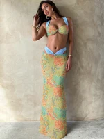Weird Puss Summer Vacation 2 Piece Set Women Colorful Print Bra Tops+High-Waist Hollow Maxi Skirts Matching Midnight Clubwear - Image 2