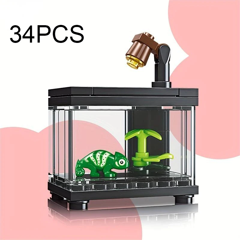 34PCS Lizard Ornamental Box Building Blocks Set Mini Fish Tank Series Assemble Bricks DIY Children&rsquo;s Educational Gift construction blocks building blocks racing car building blocks car building blocks anime block toys