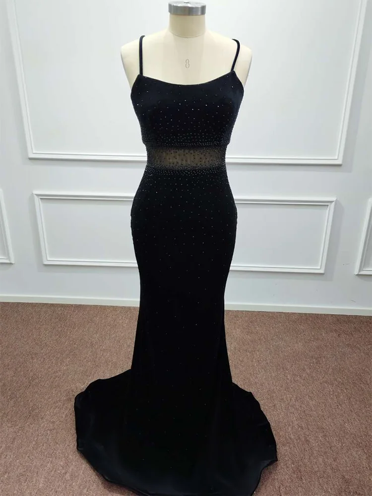 

Mermaid Black Velvet Evening Dresses Spaghetti Straps Illusion Sleeveless Pearls Long Formal Prom Party Gowns Vestido De Fiesta