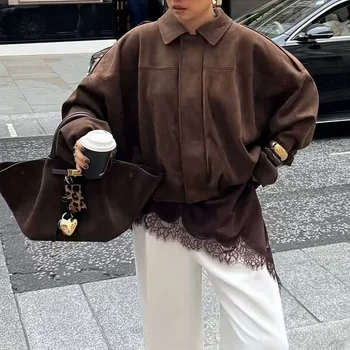 PRINTKAOIR veste en daim pour femme vêtements d'extérieur Style pilotes fermeture à glissière épaisseur moyenne ample Style de rue couleur Pure manteau décontracté