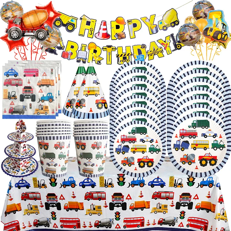Bauthema Alles Gute zum Geburtstag Dekoration Papierservietten Tellerbecher Konstruktion Geburtsballons Partys Geburtstagszubehör Jungen