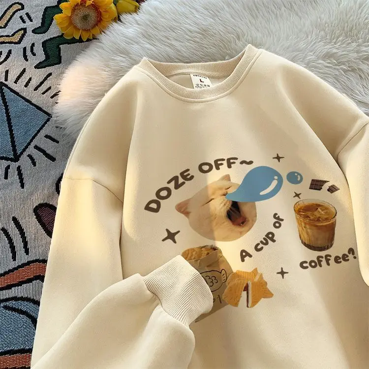 Men And Women Vintage Cat Print Personalized Graphic T-Shirt Couple Fashion Loose Casual Long Sleeve Harajuku Thick