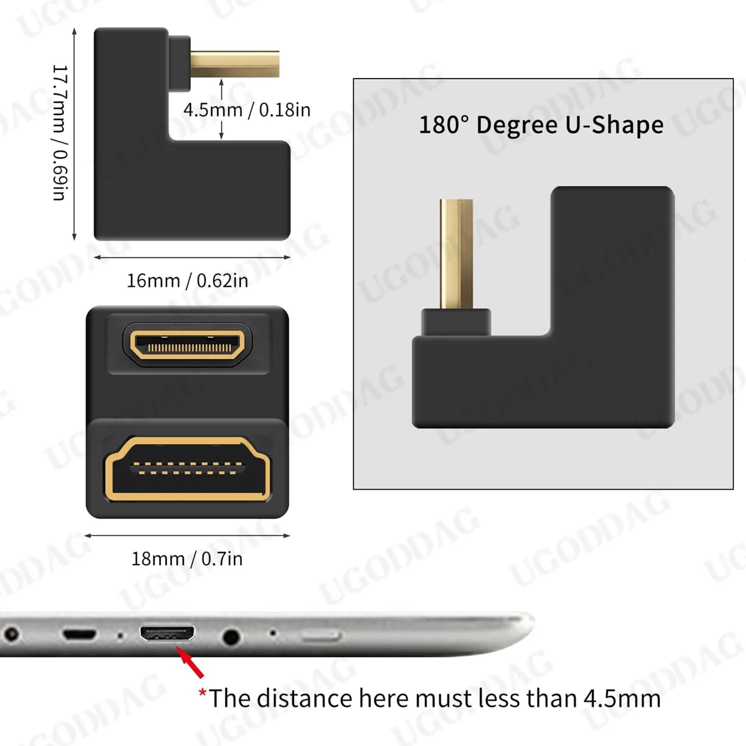HDMI-compatible Female to Mini-HD Male U Shaped Adapter 180 Degree 8K@60Hz UP/Down Angle For Portable Monitor Notebook Camera