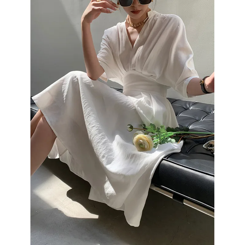 

Summer Women Cotton Linen Long Dress V-neck High Waist Elegant Solid Color A-line Thin Dresses