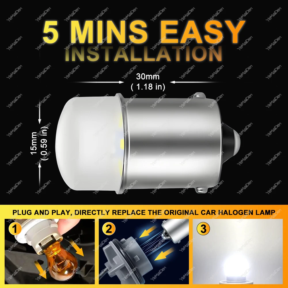 LED Bulb for Turn Signal, Brake, and Reverse Lights - 800LM, 6500K, White/Red/Yellow (2-20 PCS)