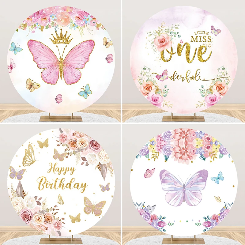 

Customized Flower Butterfly Girl Birthday Party Round Backdrop Baby Girl Photographic Photography Kids Photo Studio Photophone